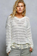 Stripe Pattern V-Neck Long Sleeve Knit Top