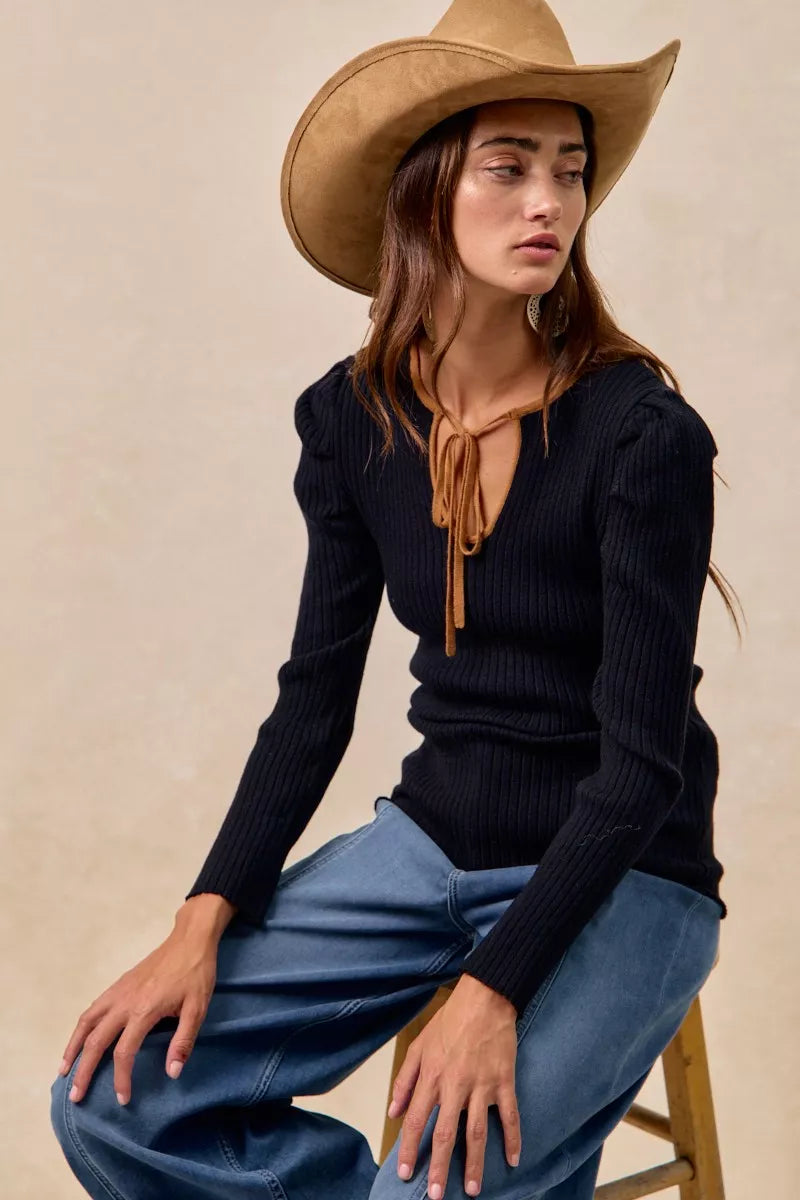 Ribbed Contrast Front Tied Top with Shrried