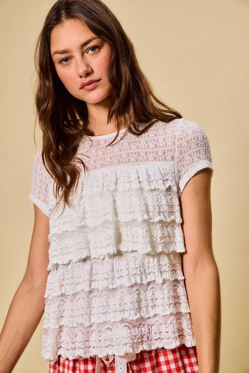 Ruffle Tiered Stretch Lace Short Sleeves Knit Top