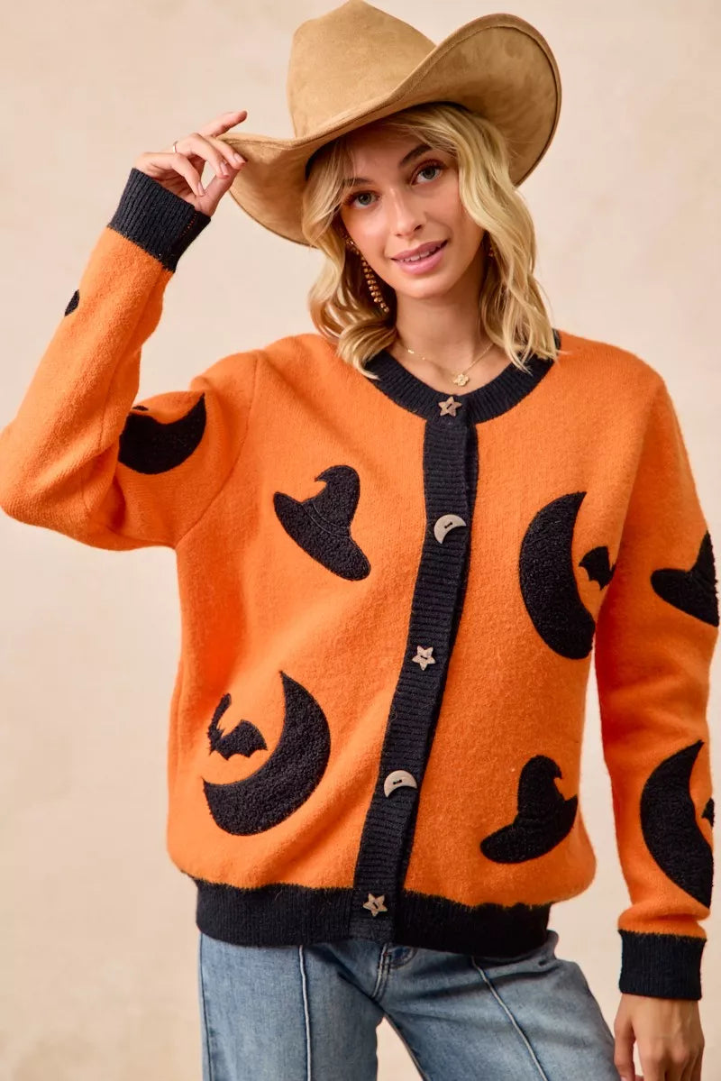 Halloween Witch Hat Moon Bat Artwork Cardigan