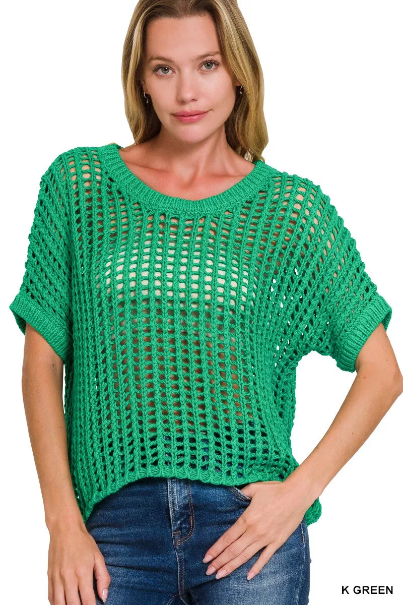 Fish Net Short Sleeve Crochet Knit Cover Up