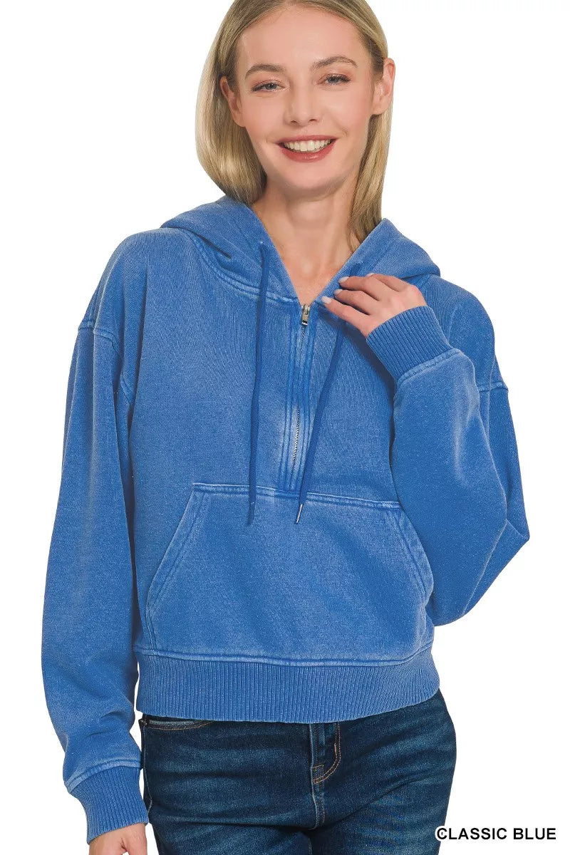 Fleece Pigment Dye Half Zip Kangaroo Pocket Hoodie