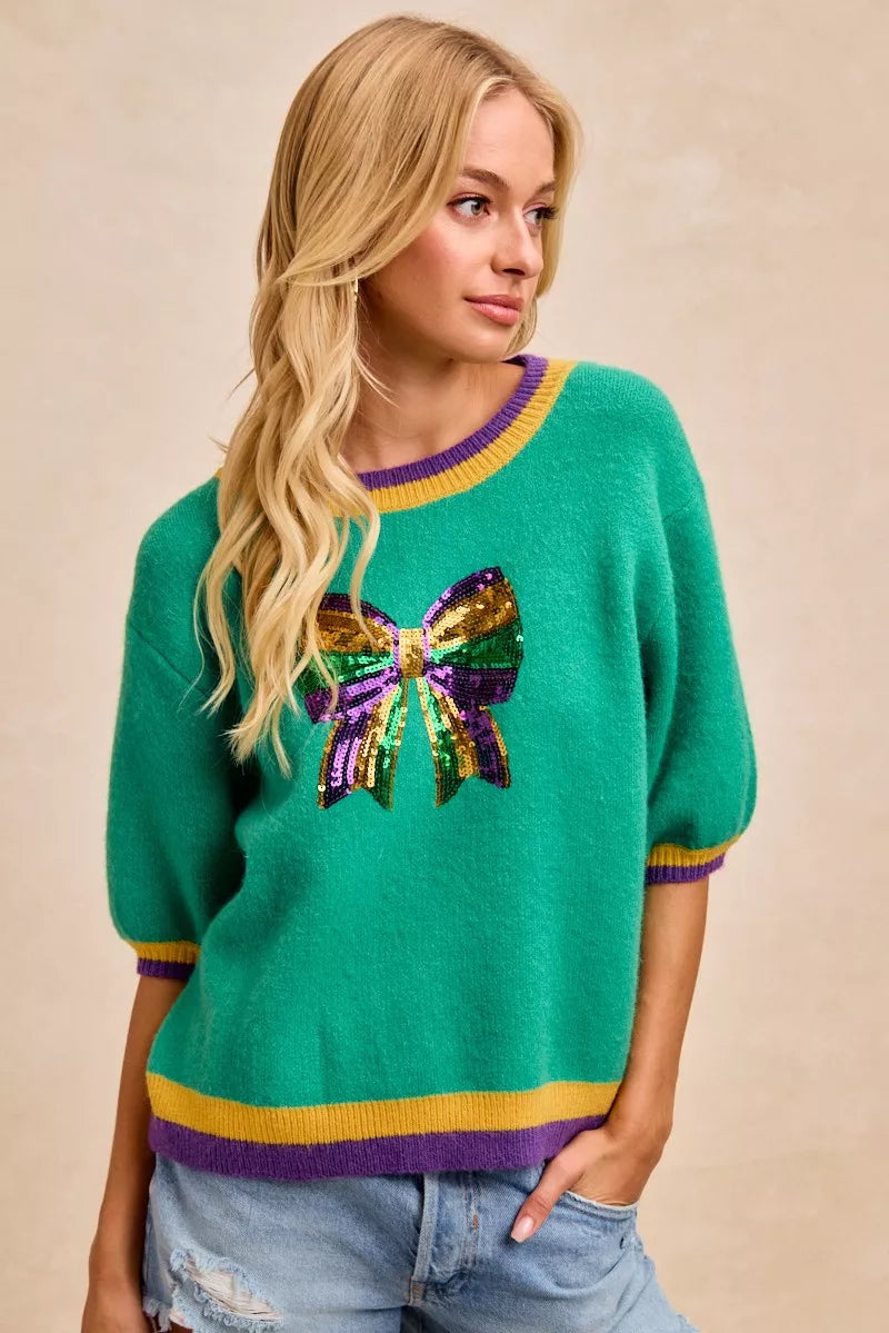 Mardi Gras Sequin Ribbon Patched Sweater