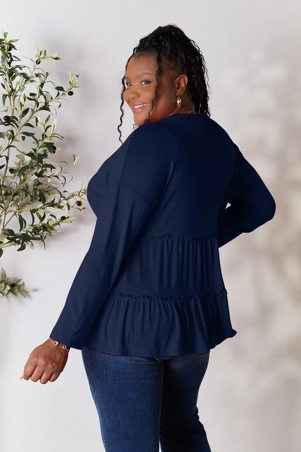 I am a Fashion Junky Take Half Button Long Sleeve Ruffle Hem Blouse