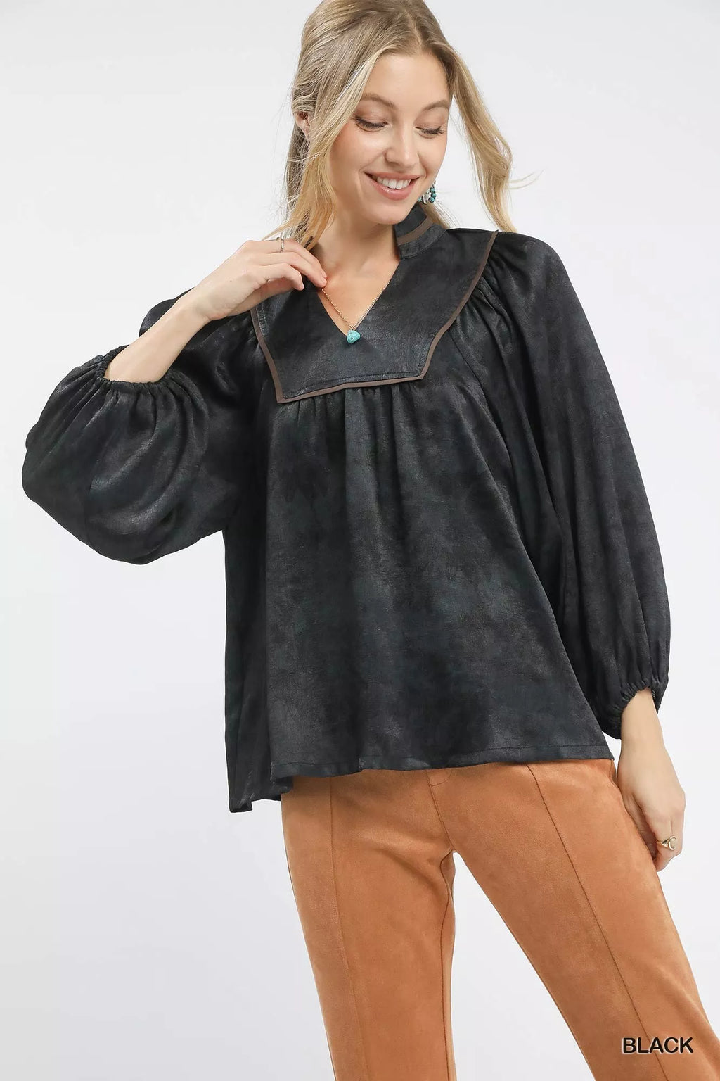 Crinkle Brocade Long Sleeve Blouse
