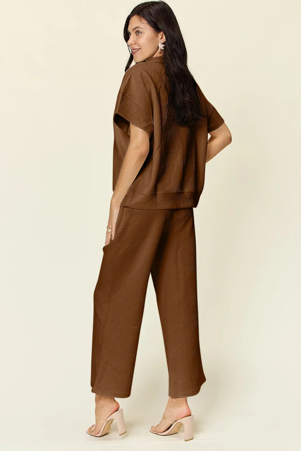 I am a Fashion Junky Full Size Texture Half Zip Short Sleeve Top and Pants Set