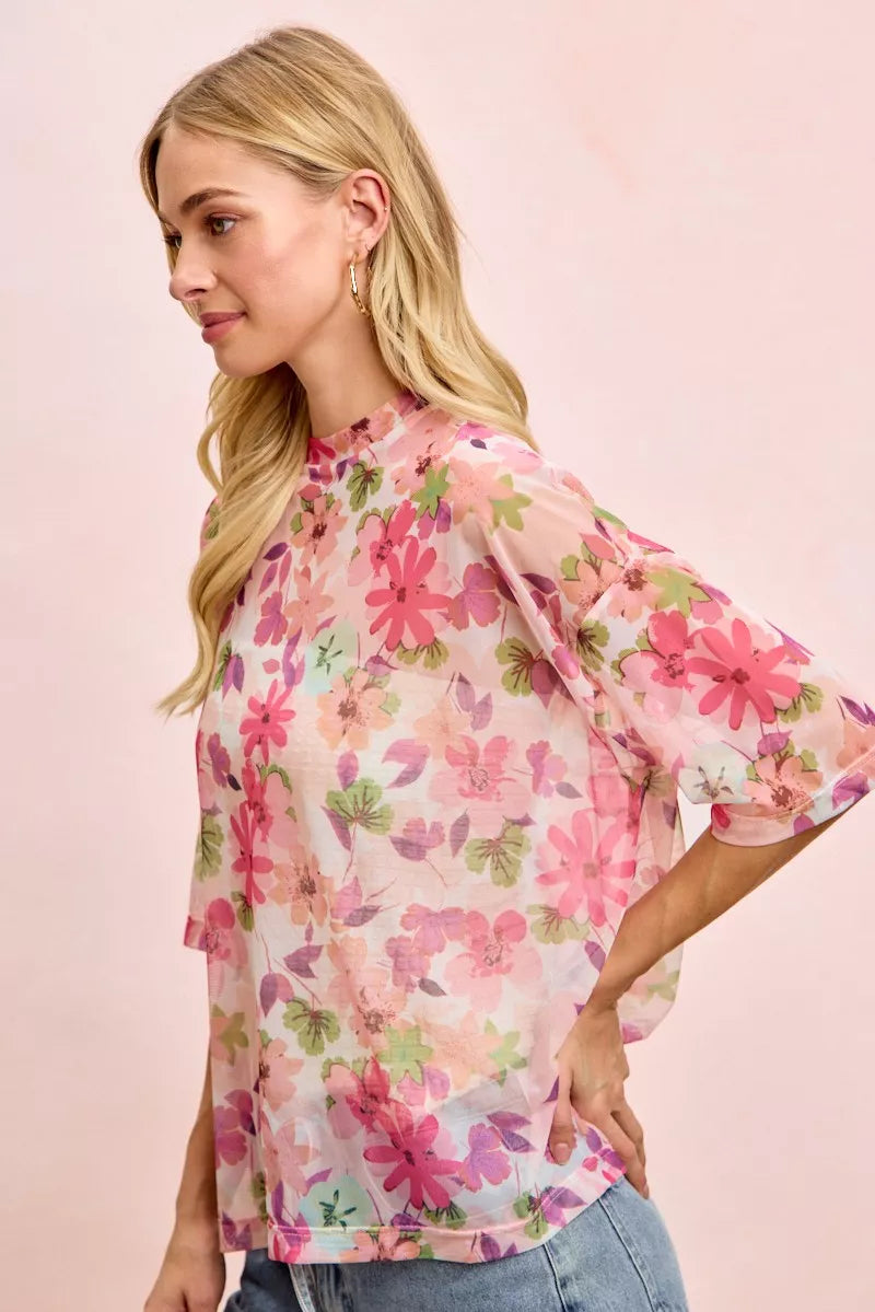 BiBi Floral Print Short Sleeves Boxy Mesh Top