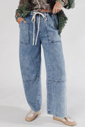 Acid Wash Exposed Seam Drawstring Elastic Waistband Jeans