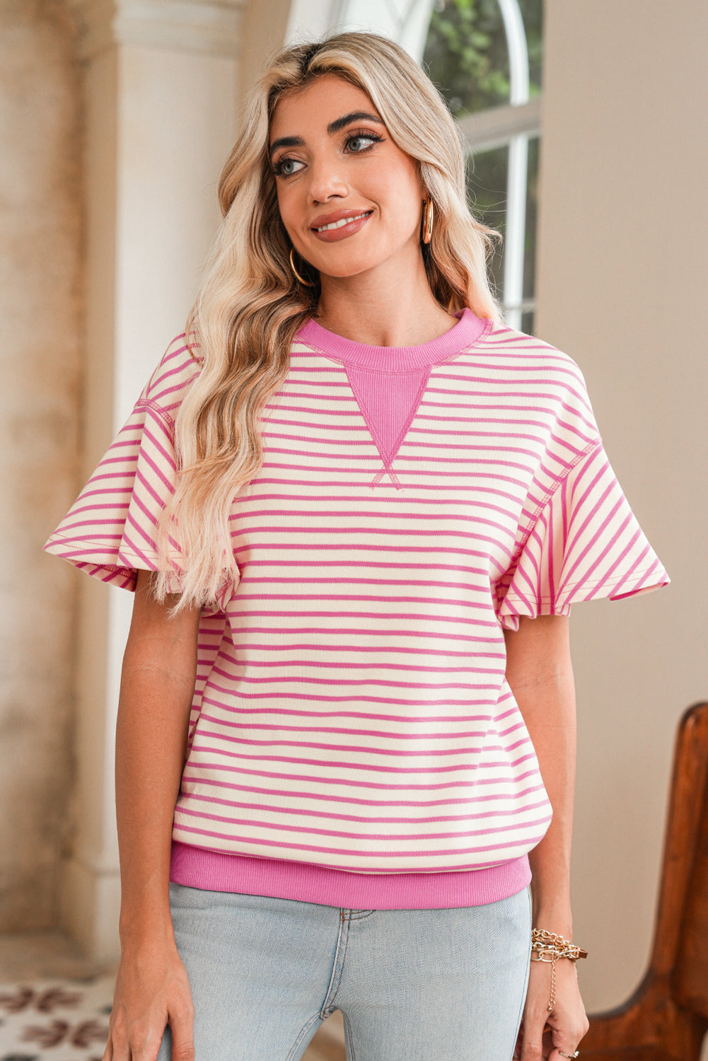 Parchment Striped Ruffle Sleeve Round Neck Top