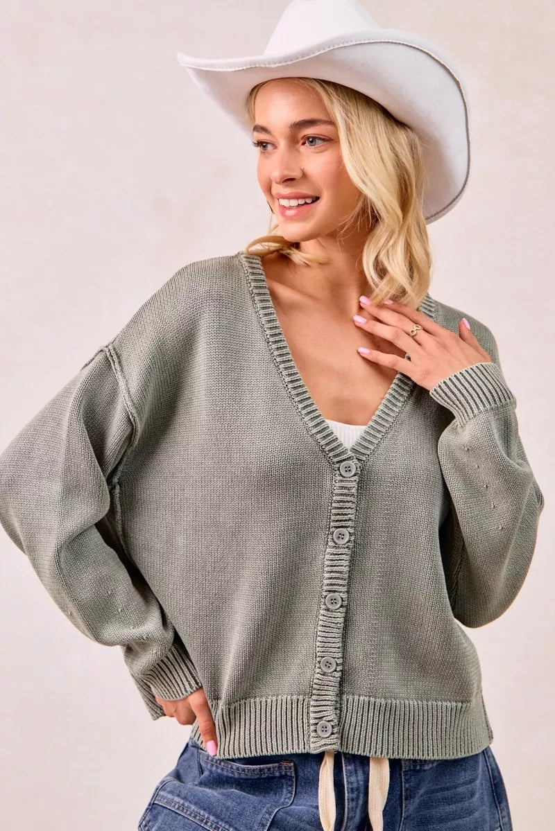 Washed Sweater V Neck Cardigan