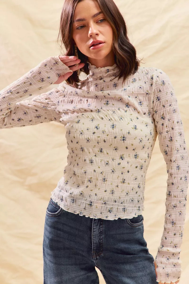 Floral Print Textured Long Sleeve Knit Top