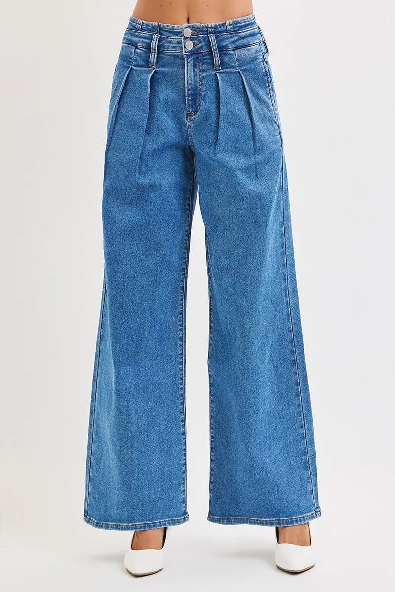 Full Size Mid Rise Fit Wide Leg with Pleated Detail Jeans Plus Size
