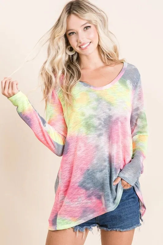 Tie Dye Print Low Gauge Knit Top