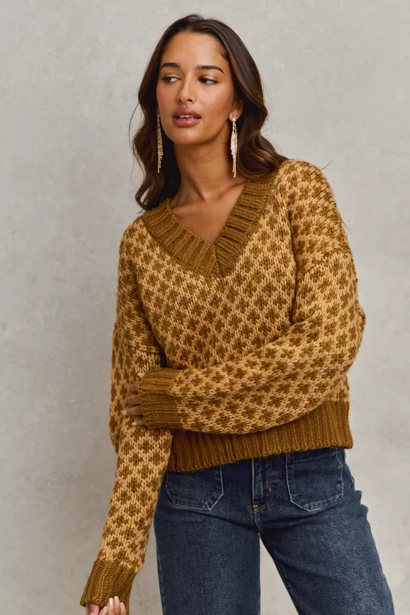 Color Block Textured Christmas Sweater V Neck Top