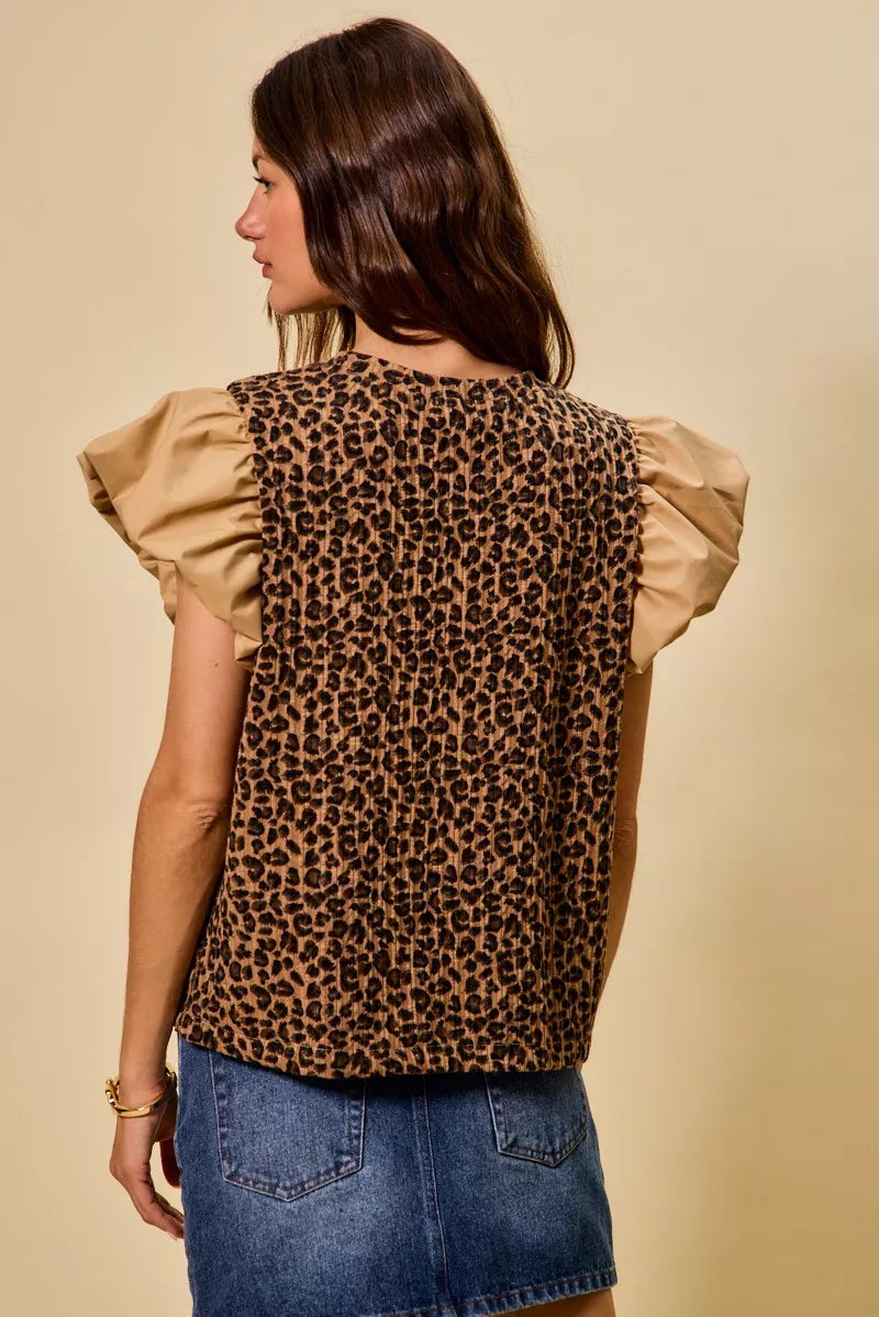 Leopard Pointelle Knit Top with Puff Sleeves