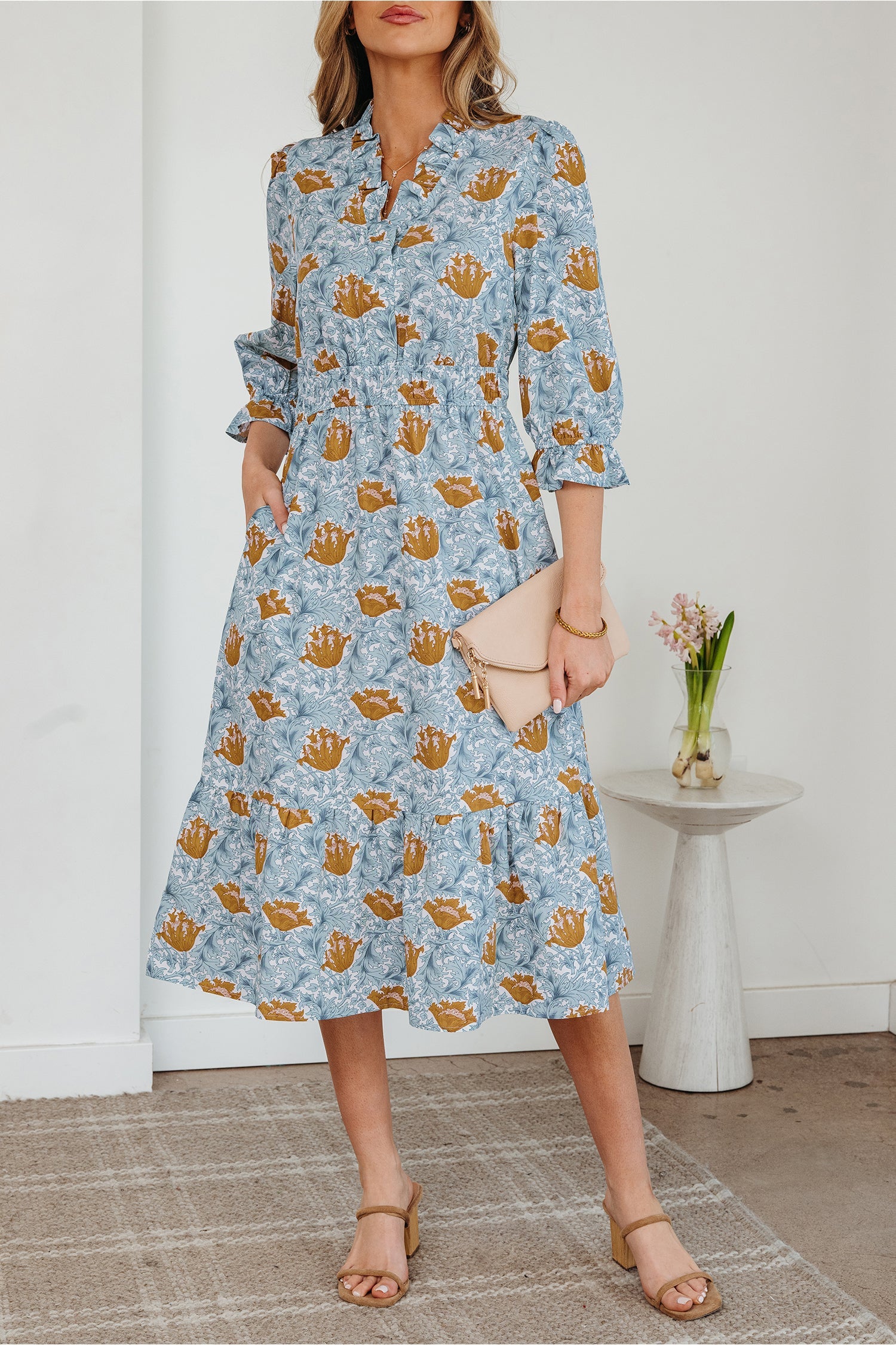 Brown Floral Printed Frilled V Neck Bracelet Sleeve Long Dress