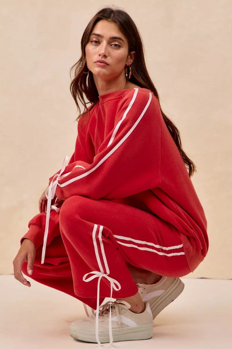 Side Lined Bow Details Fleece Sweatpants