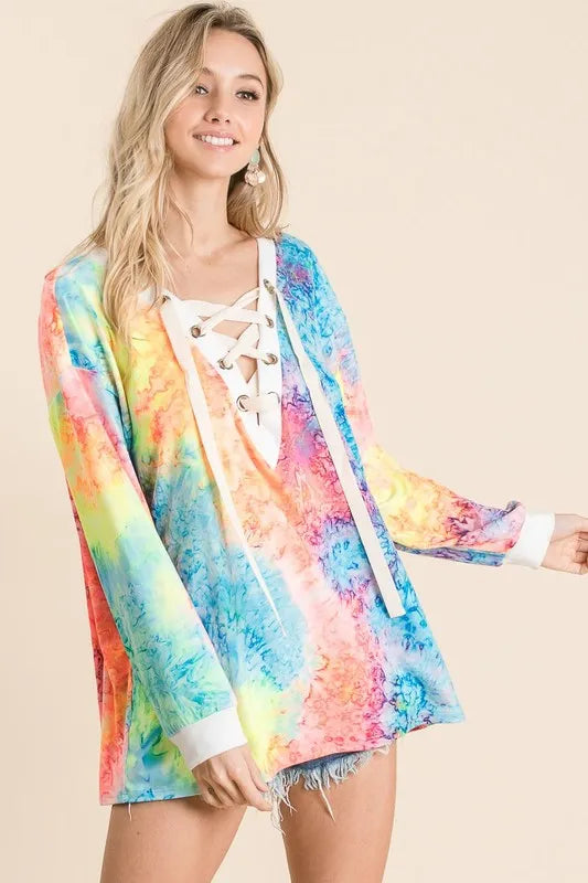 Tie Dye Deep V-neck Top With Lace Up Front