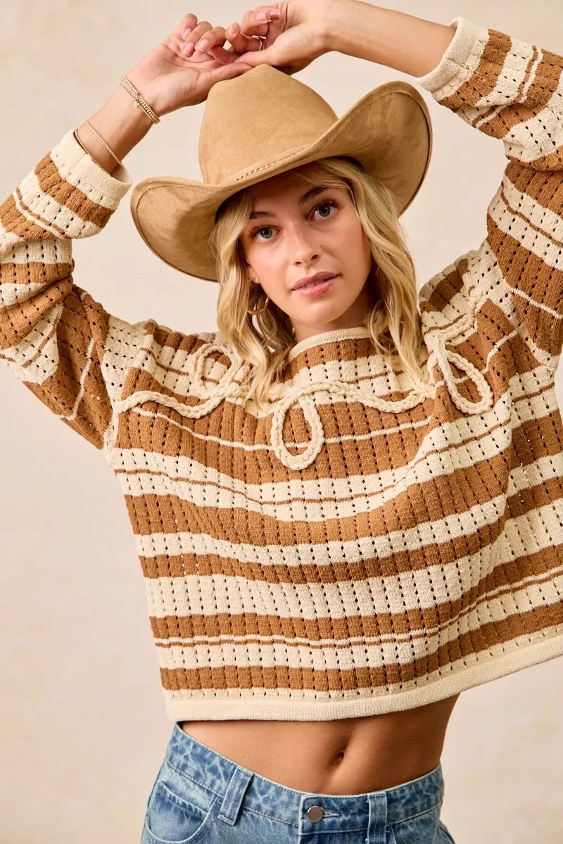 Striped Open Knit Sweater Top with Front Braided Detail