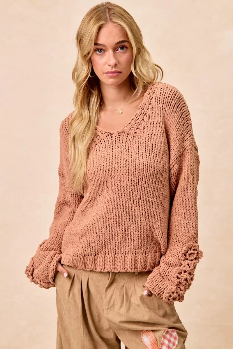 Chunky Knit Sweater with Flower Detail Sleeves