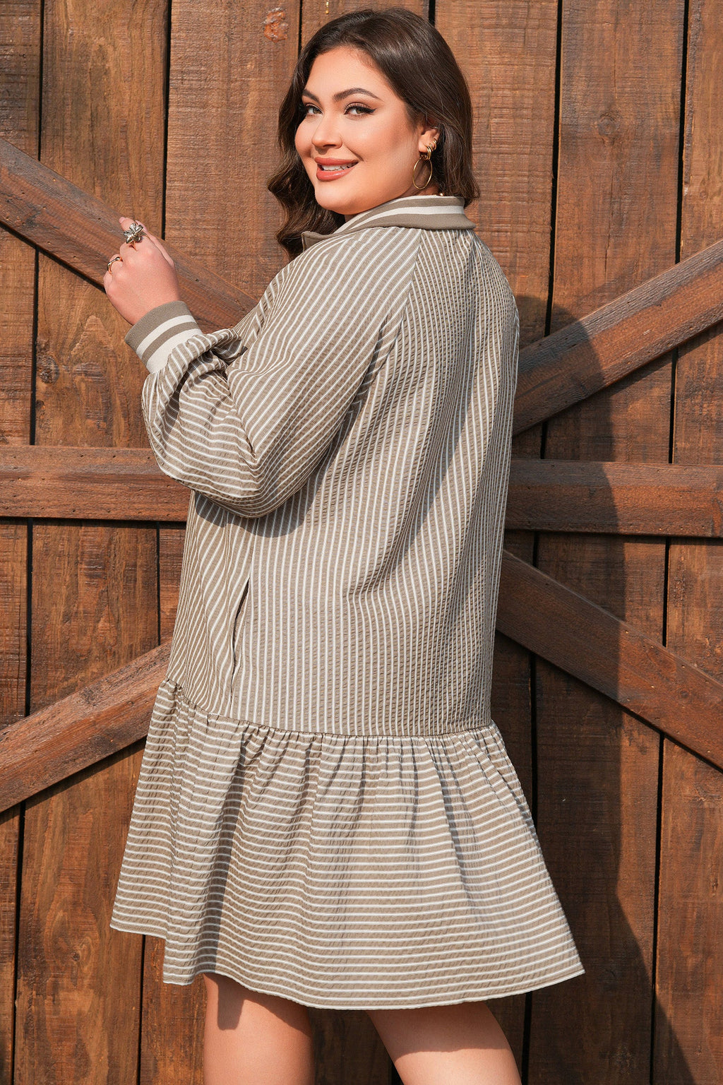 Khaki Stripe Zip up Collared Puff Sleeve Ruffled Plus Size Mini Dress