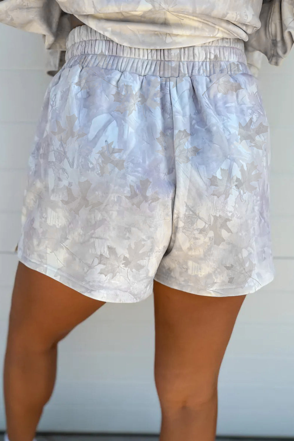 Beige Camo Print Pullover Top and Elastic Waist Casual Short Set