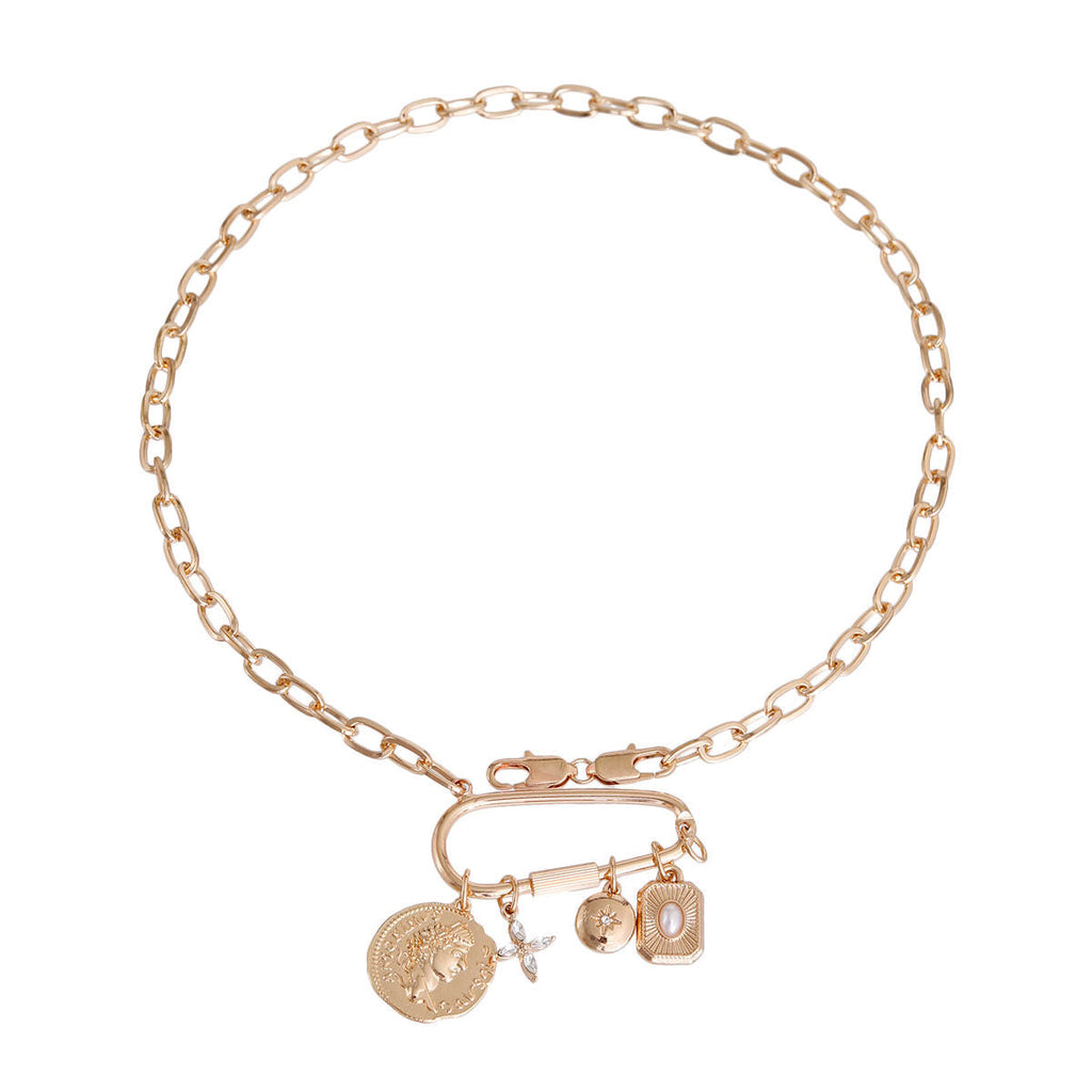Carabiner Chain with Gold Coin Pendant Stylish Jewelry Accessory