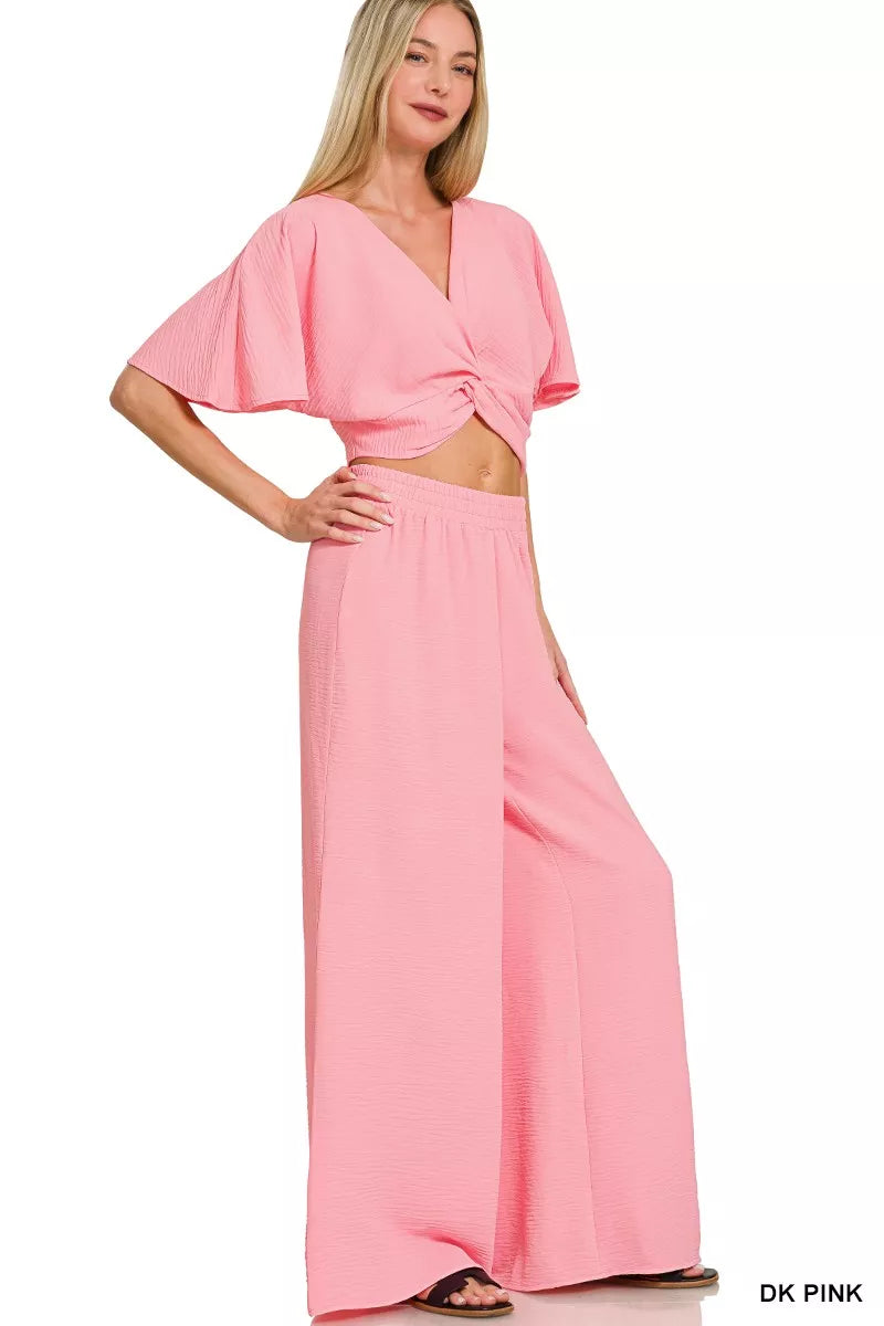 Woven Airflow Twisted Top & Wide Leg Pants Set