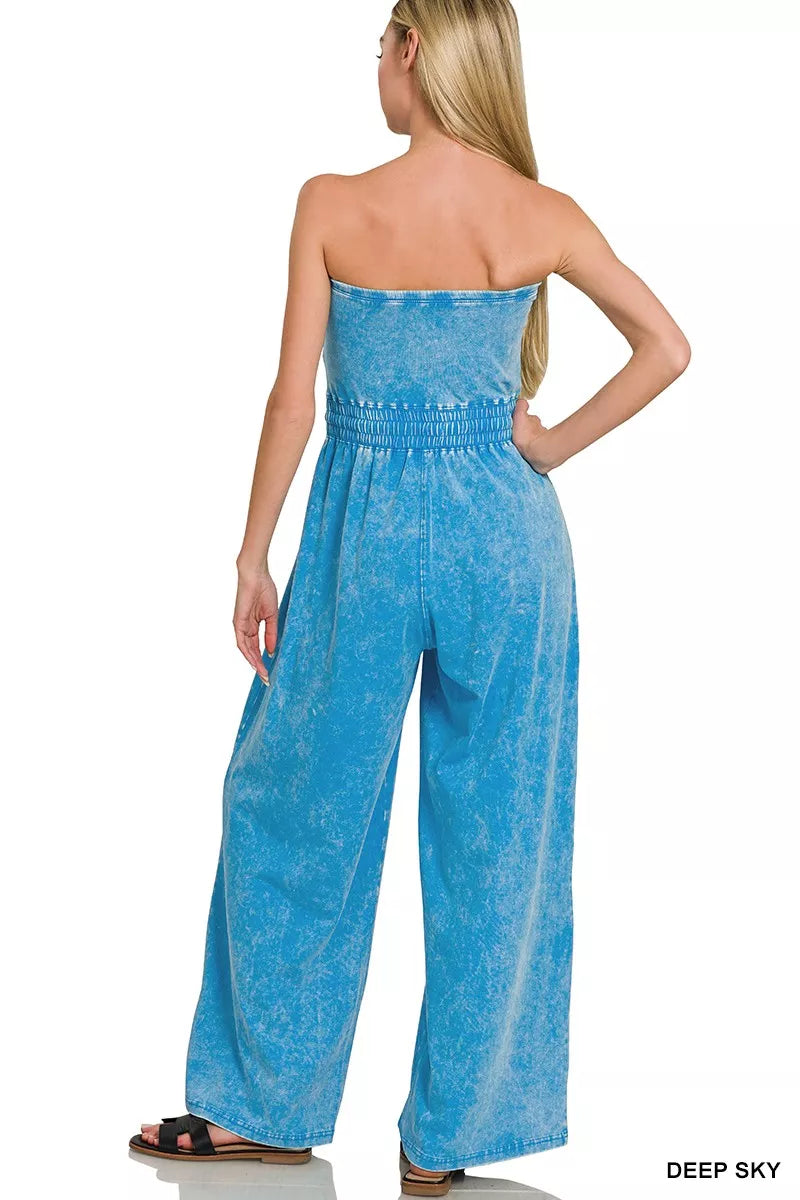 Acid Washed Strapless Tube Top Jumpsuit