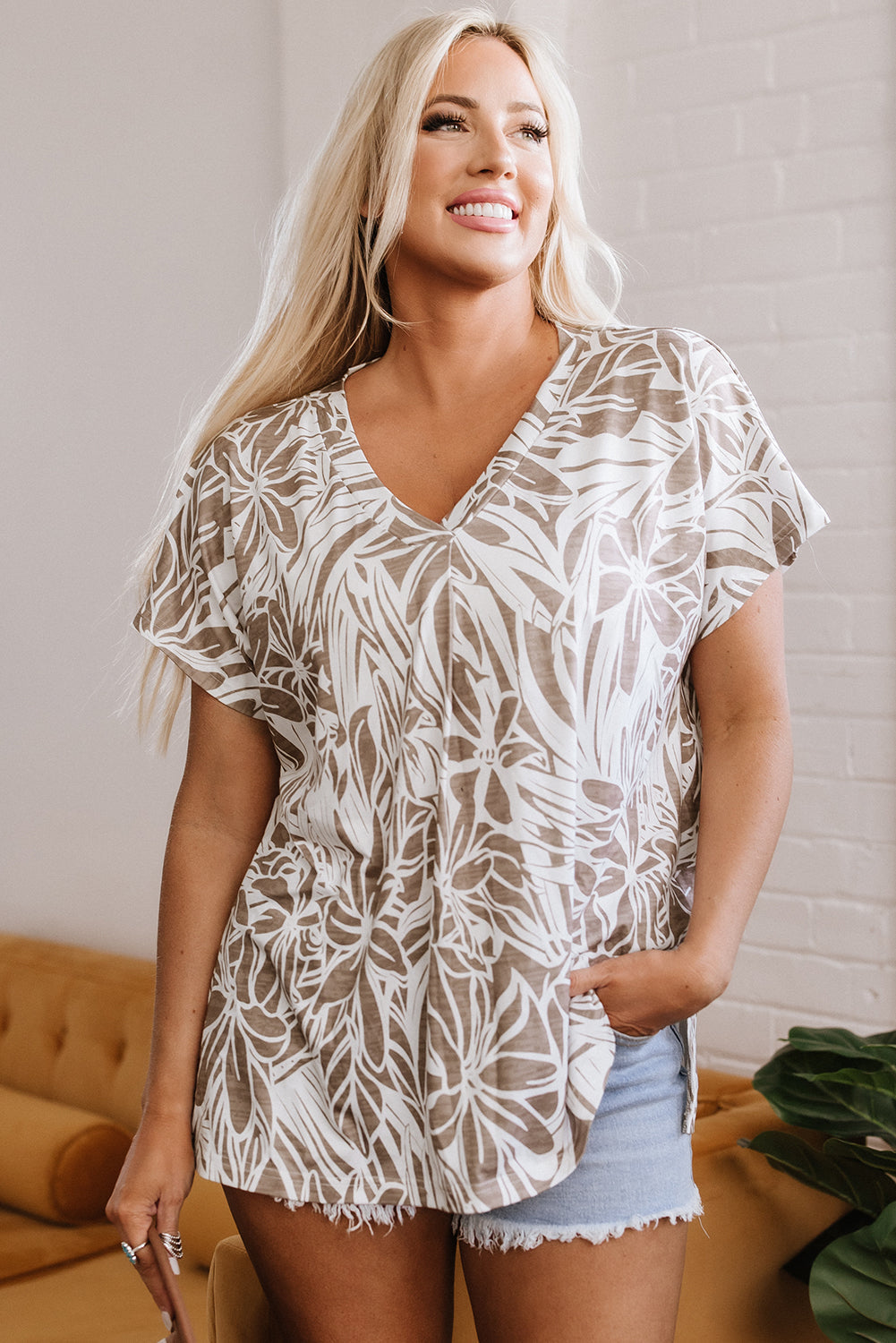 Khaki Floral Print V Neck Short Sleeve Loose Fit Blouse