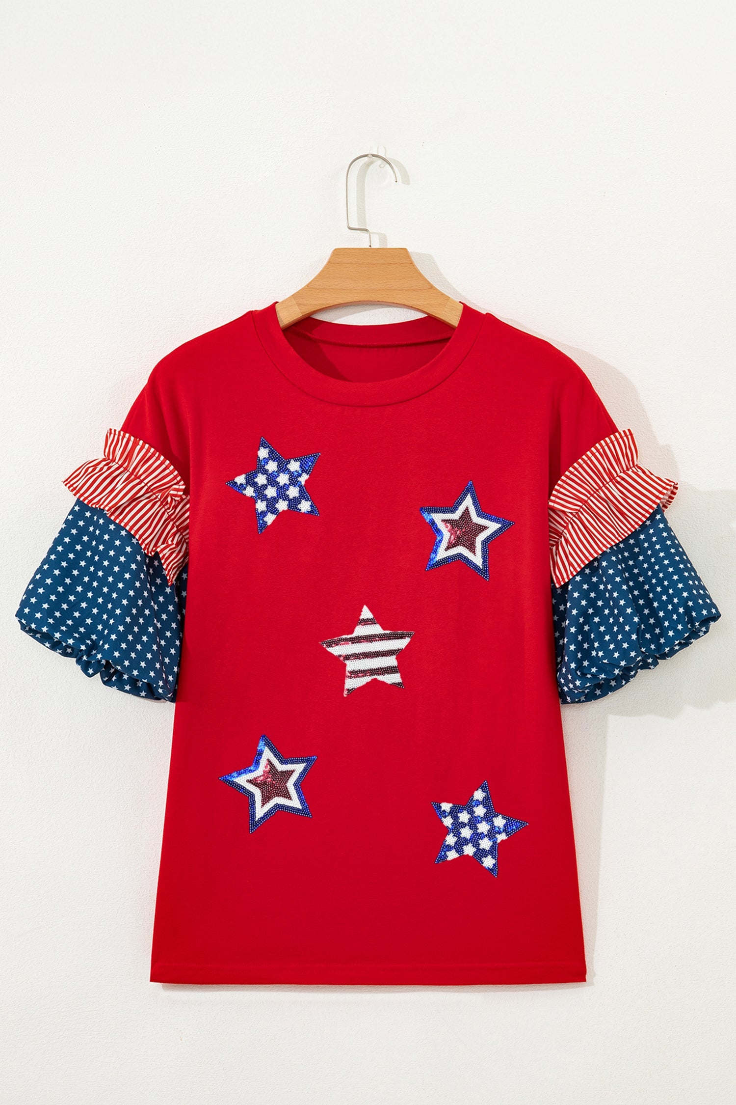 Fiery Red Patriotic Sequin Star Patched Stars and Stripes Contrast Sleeve Top