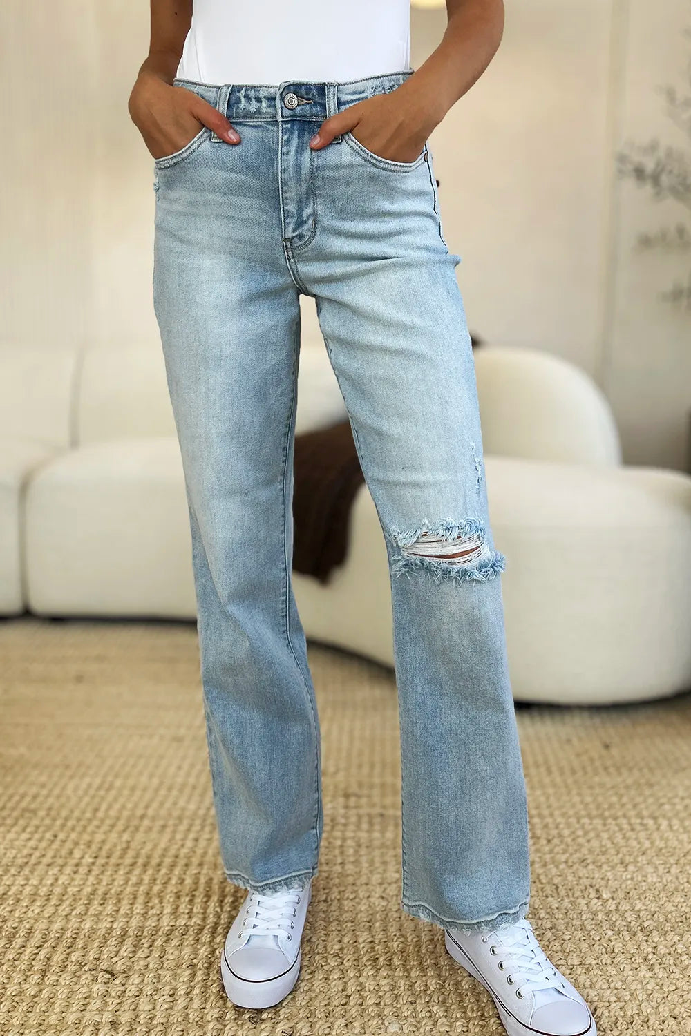 Full Size High Waist Distressed Straight Jeans