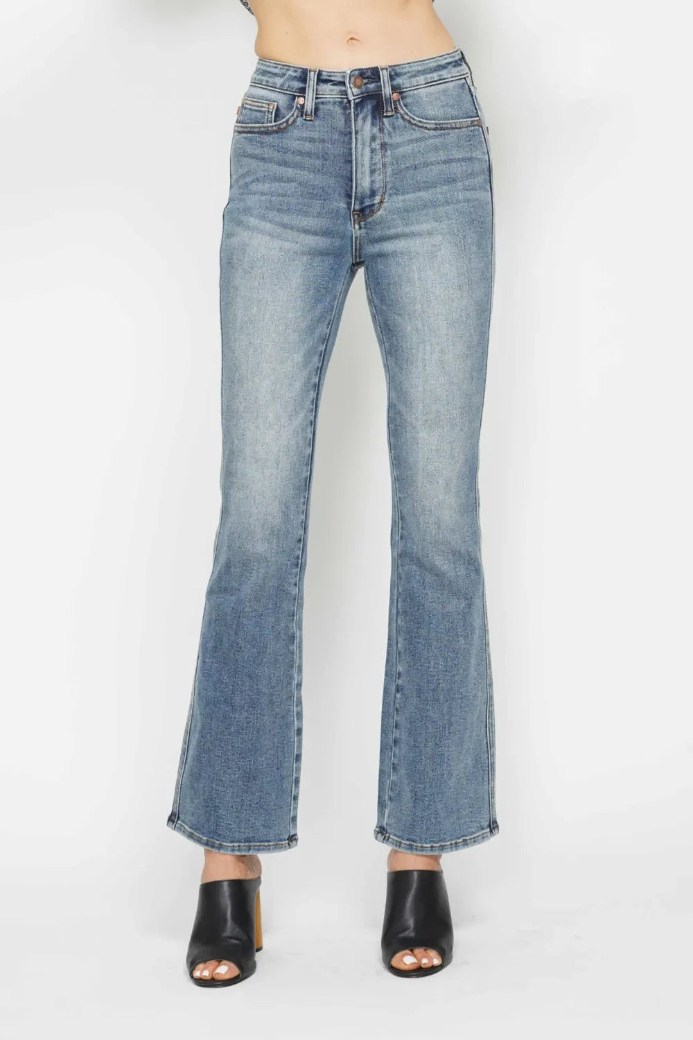 Full Size Tummy Control Back Embroidered Pocketed Bootcut Jeans Plus Size