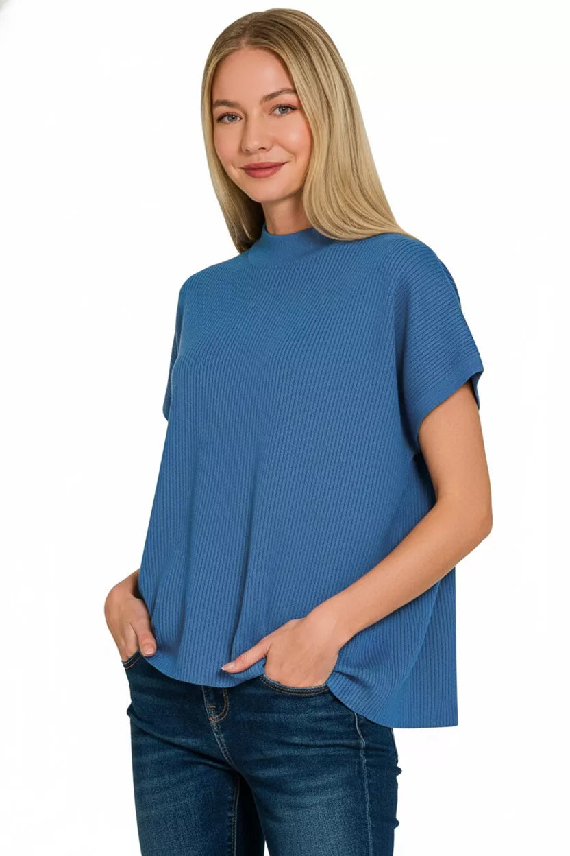 Viscose Mock Neck Short Sleeve Boxy Sweater