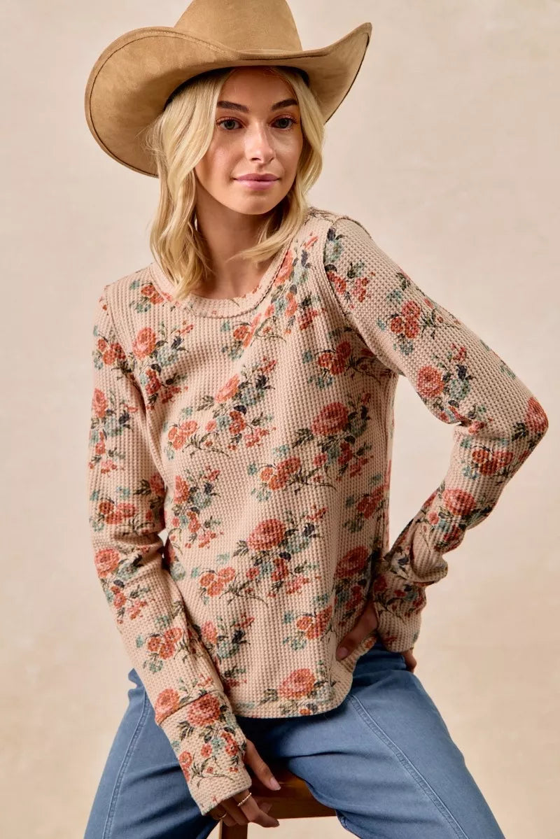 Floral Print Washed Waffle Thermal Top with Thumb
