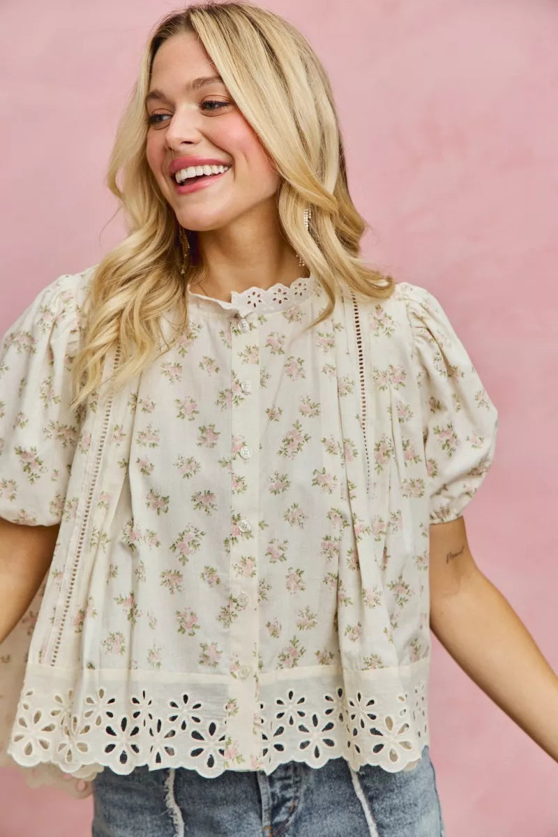 Floral Print Lace Trim Short Sleeves Blouse