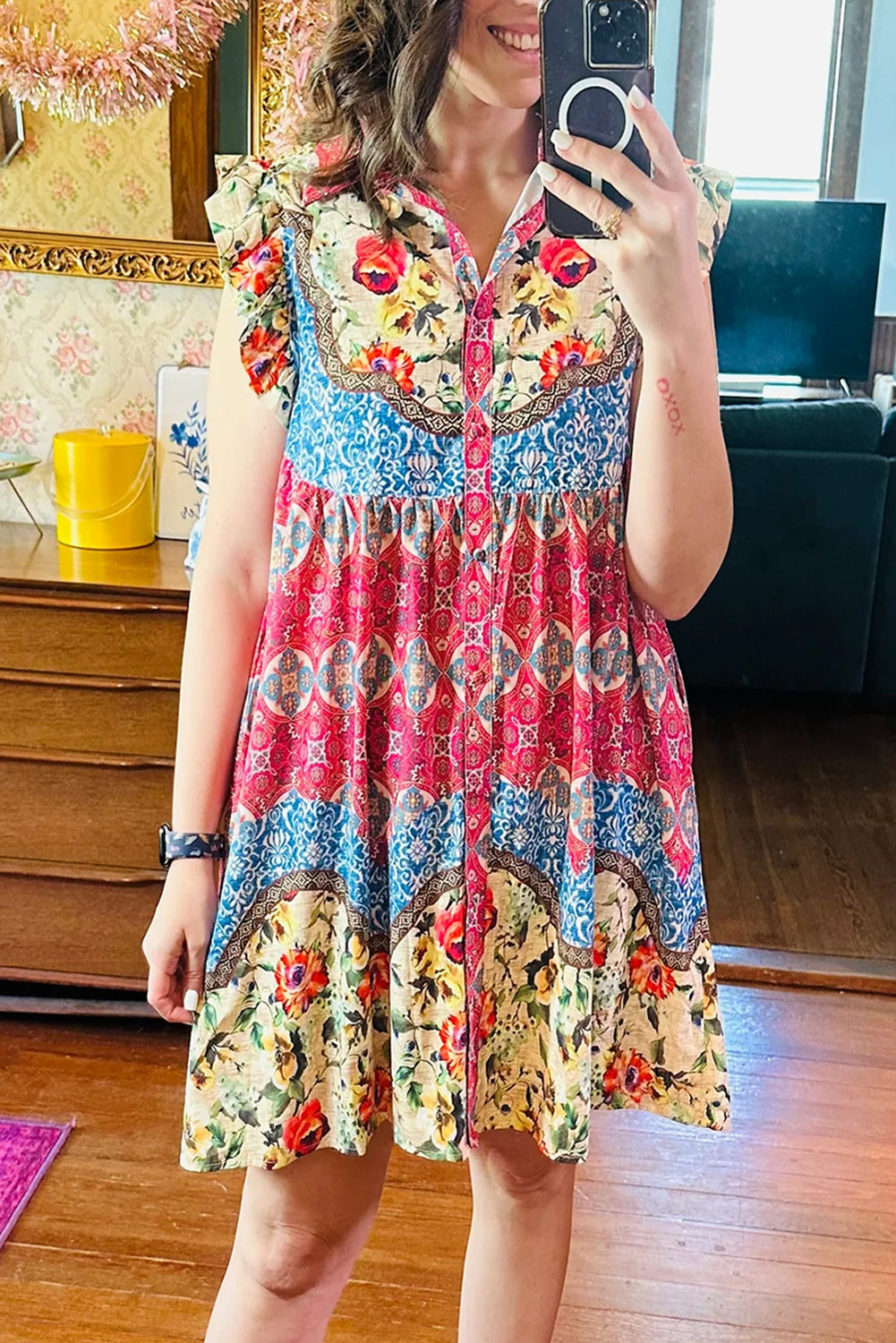 Rose Floral Mixed Pattern Ruffle Flutter Sleeve Buttoned Dress
