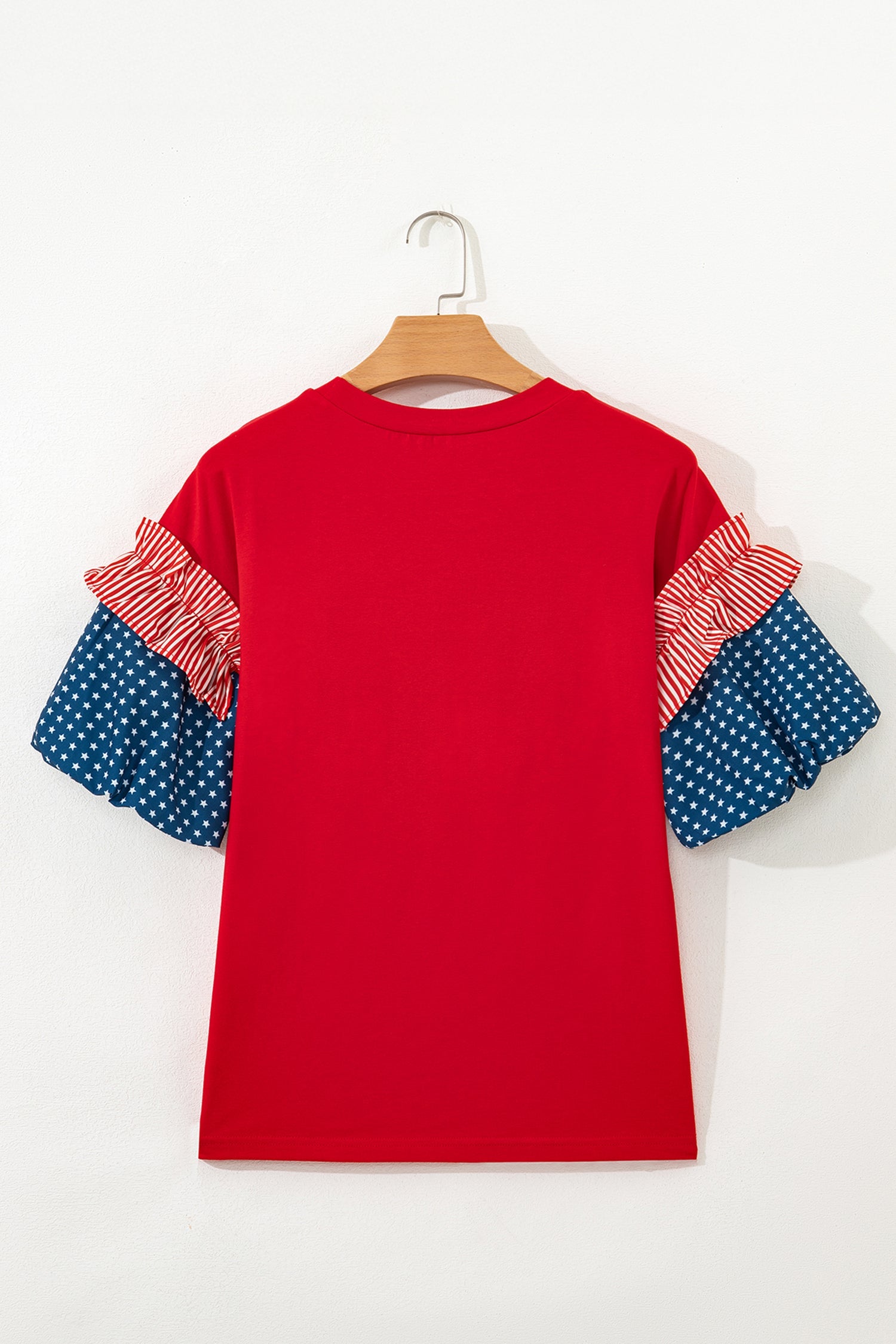 Fiery Red Patriotic Sequin Star Patched Stars and Stripes Contrast Sleeve Top