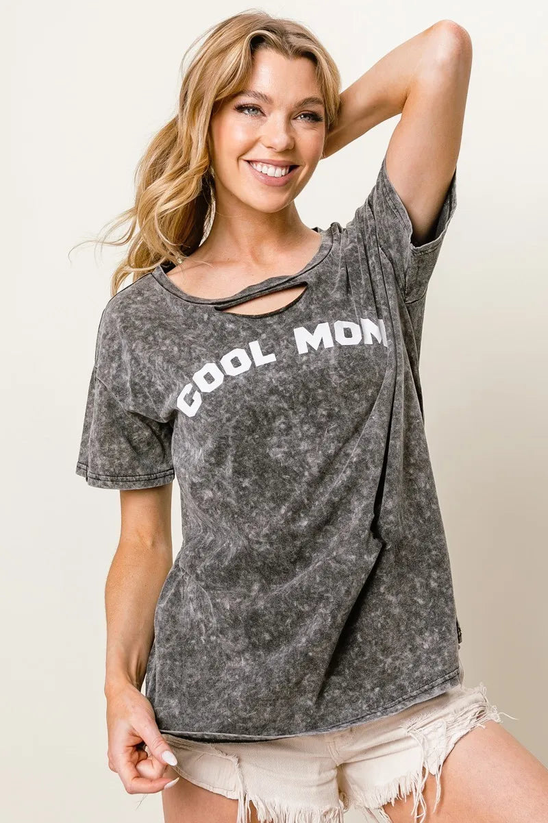 Washed Laser Cut Detail Cool Mom Print Top