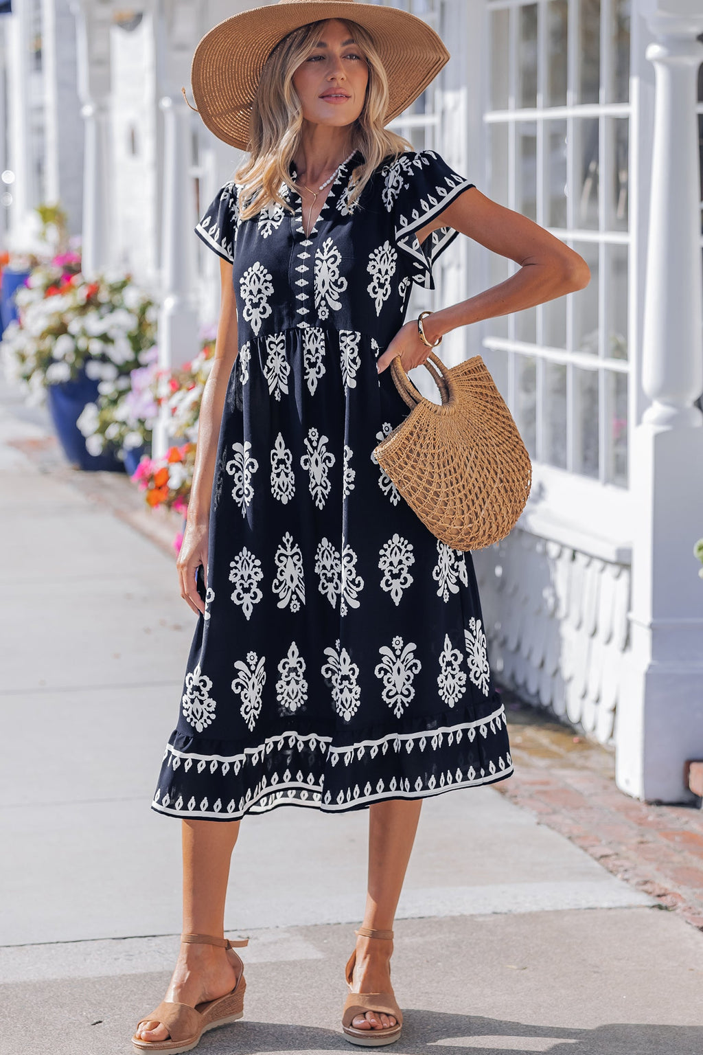 Blue Western Ethnic Print Notched Neck Short Sleeve Midi Dress