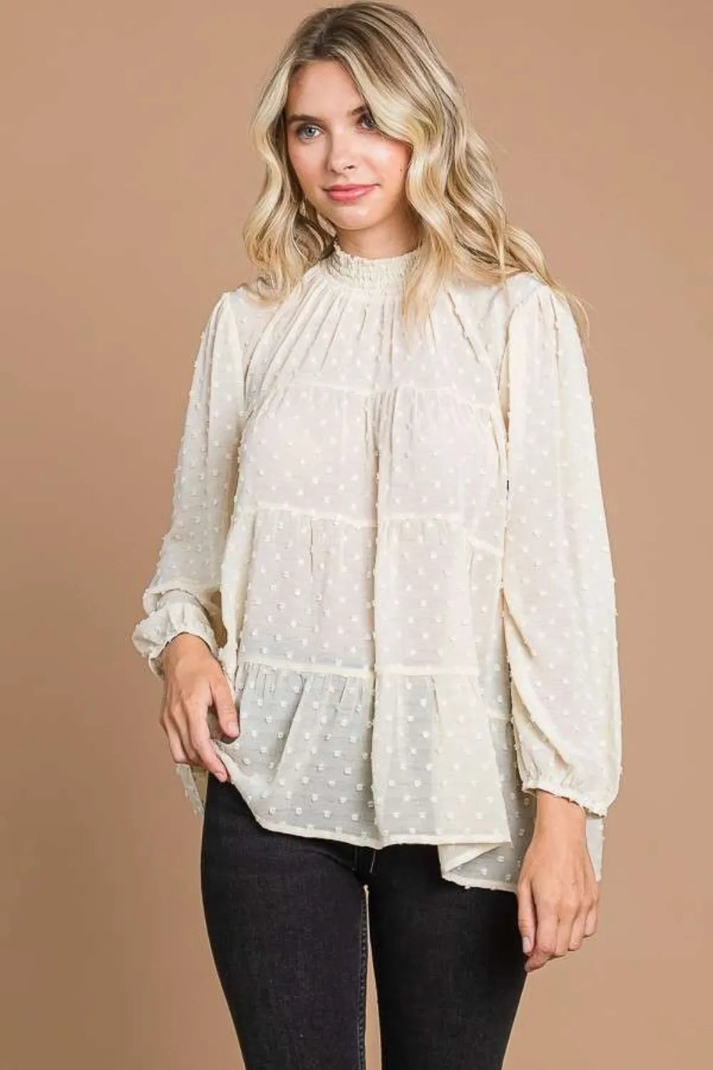 Culture Code Full Size Swiss Dot Smocked Mock Neck Blouse Plus Size