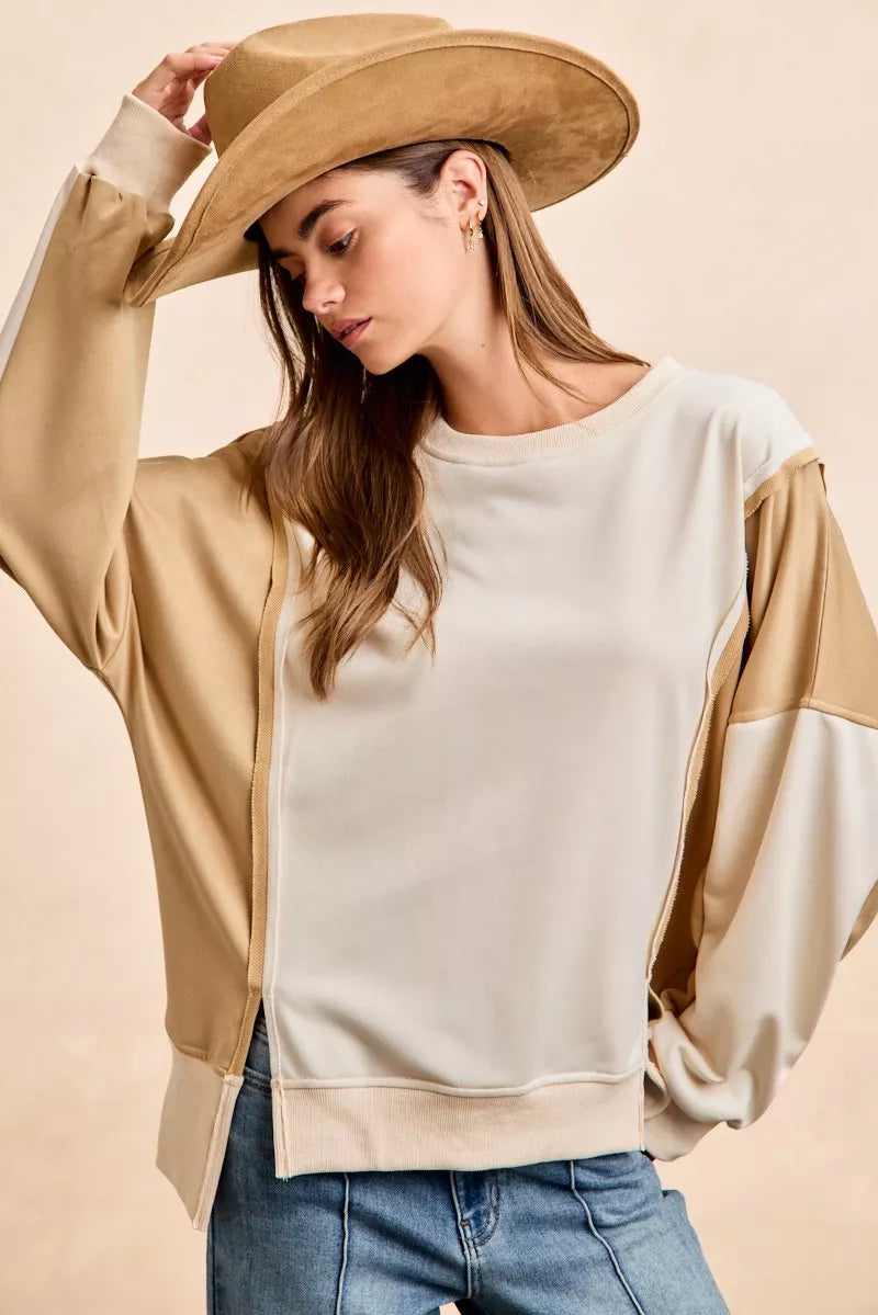 French Terry Color Block Top With Open Seam Detail