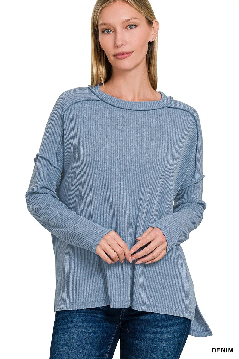 Ribbed Drop Shoulder Round Neck Sweater