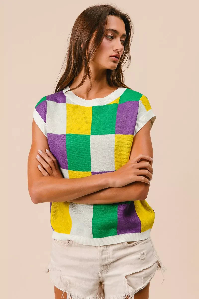 Mardi Gras Checker Pattern Sleeveless Sweater Top