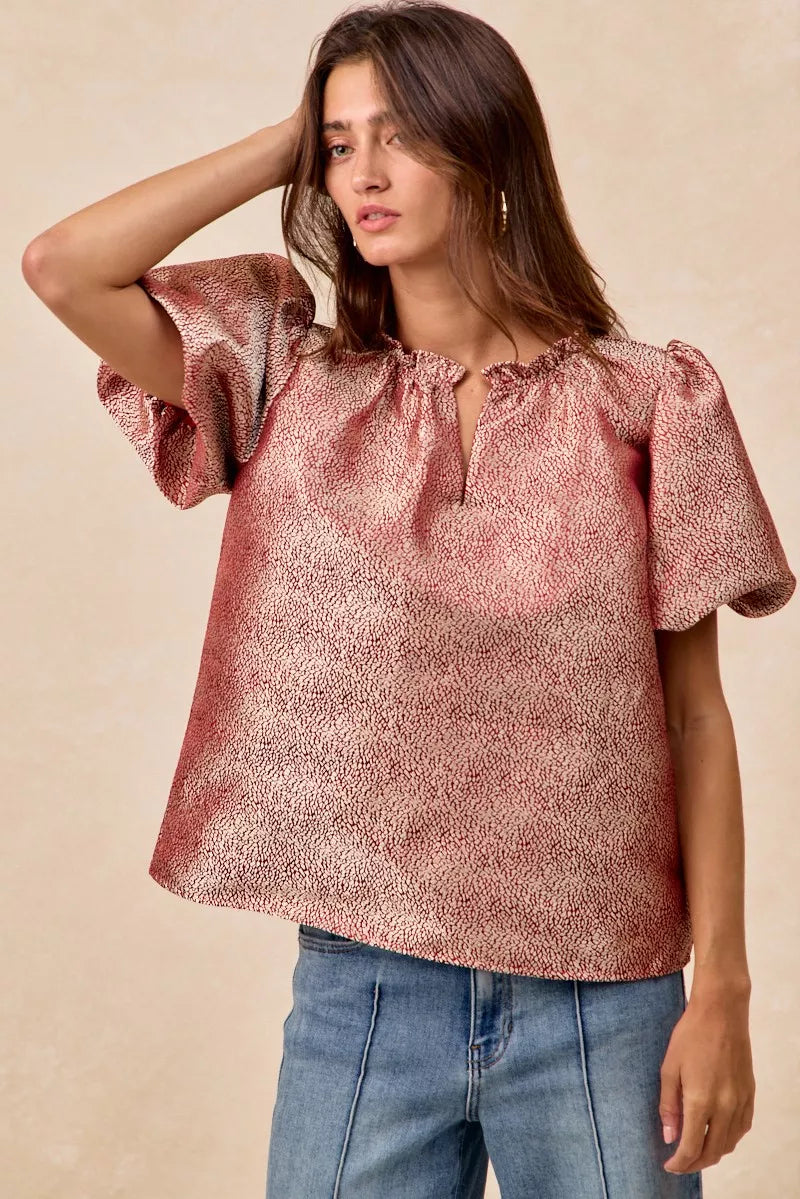 Jacquard Woven Short Balloon Sleeves V Neck Top