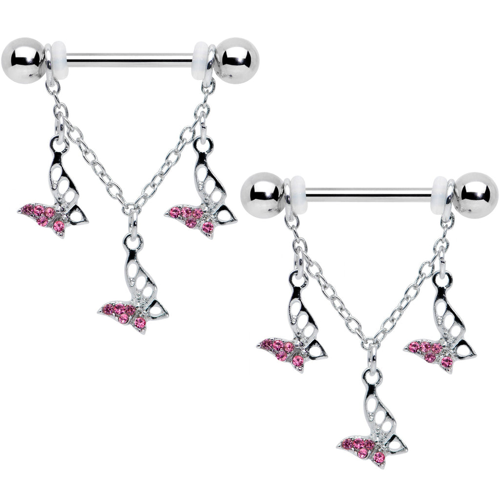 14G 9/16 Pink Gem Open Butterfly Chain Dangle Nipple Ring Set