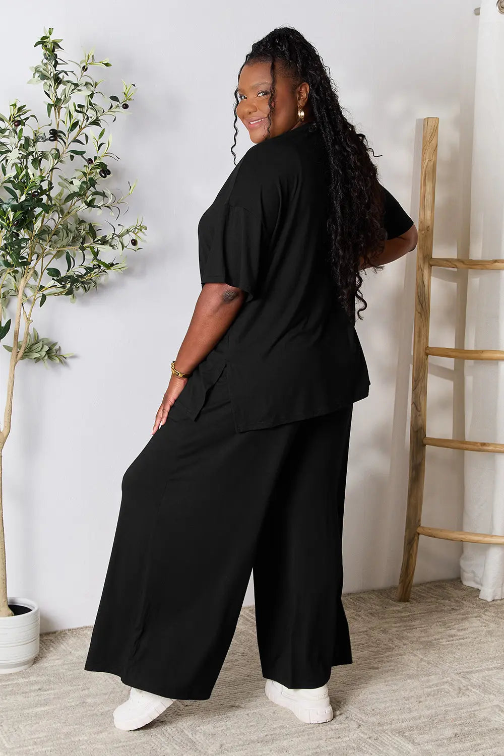 I am a Fashion Junky Full Size Round Neck Slit Top and Pants Set