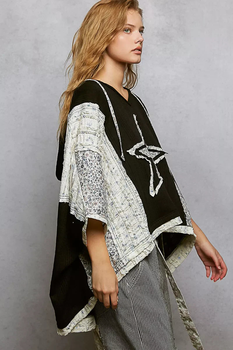 Floral Star Patch Hooded Blouse with Lace Contrast Detail