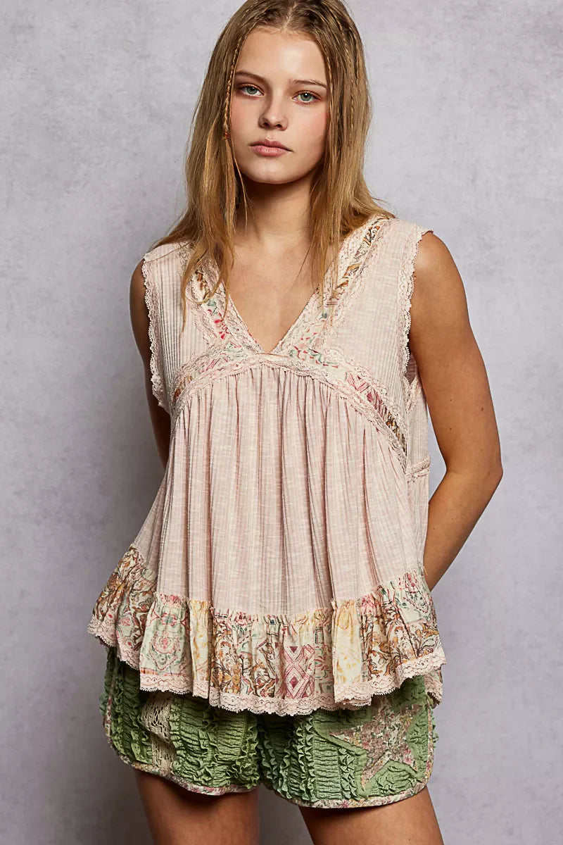 Lace Detail Ruffled Ribbed Sleeveless Top with Floral Pattern Trim Detail