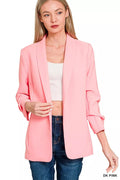 Woven 3/4 Ruched Sleeve Open Front Classic Blazer